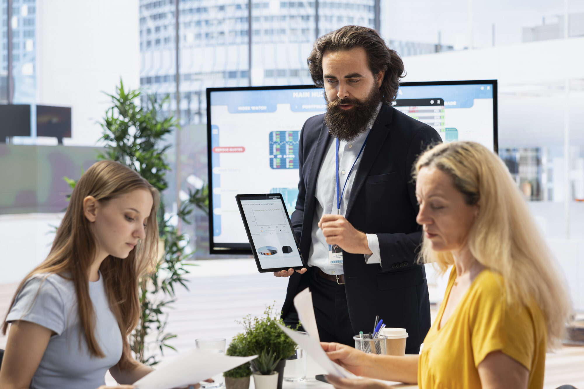 Team di direzione che analizza i dati aziendali su dashboard e tablet